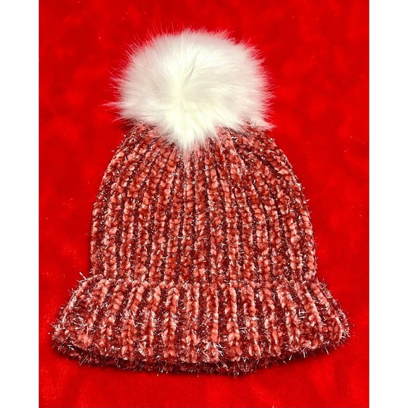 Reddish Red Pink Beanie Hat Shinny with Pom Pom Winter Ski - Picture 1 of 1